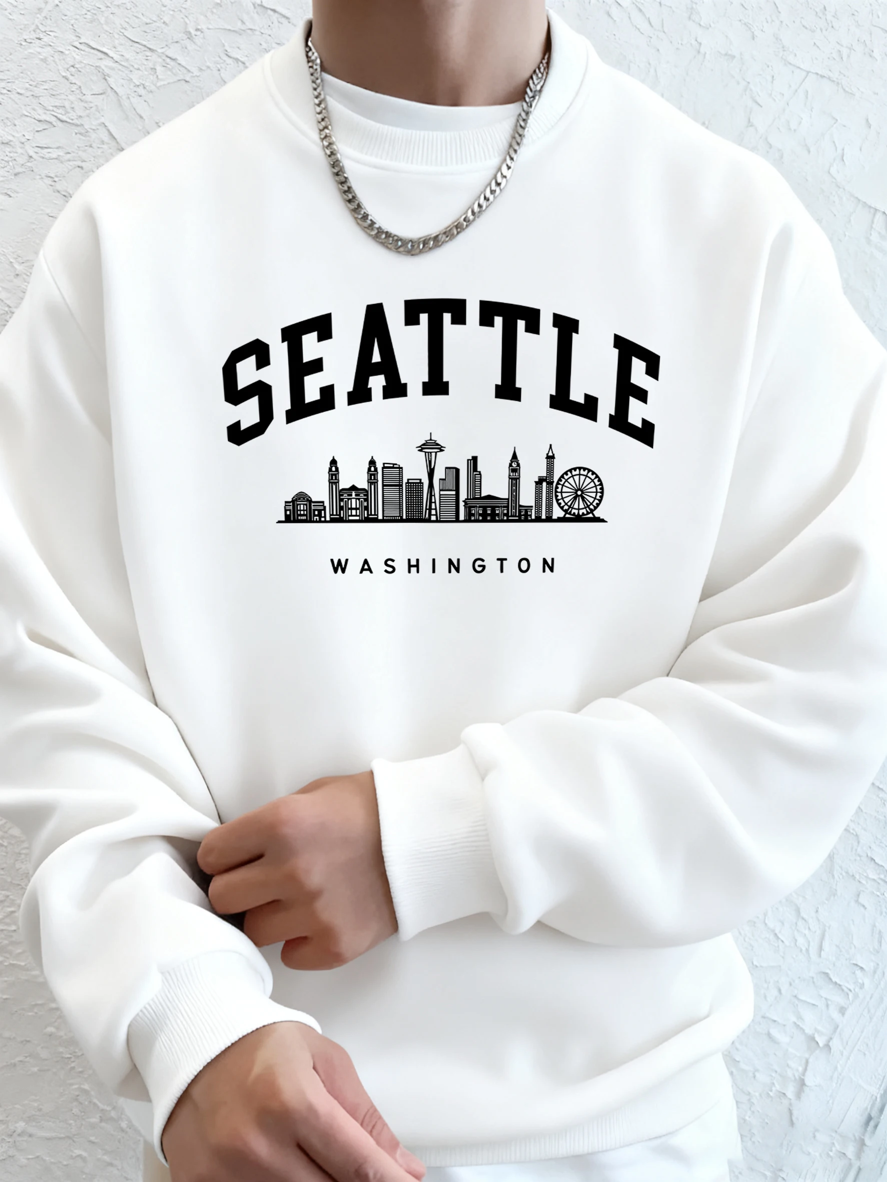 Seattle Washington Letter Creative Printed Fashion Sportswear Man Pocket Warm Top Fleece All-Match Clothes Comfy Soft Sweatshirt