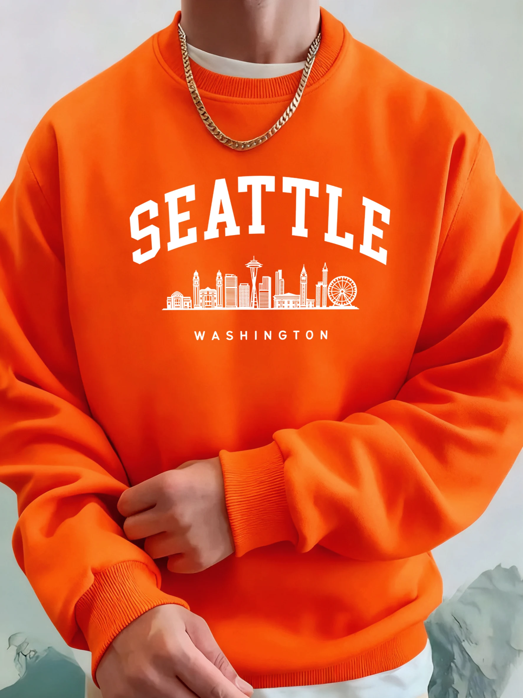 Seattle Washington Letter Creative Printed Fashion Sportswear Man Pocket Warm Top Fleece All-Match Clothes Comfy Soft Sweatshirt