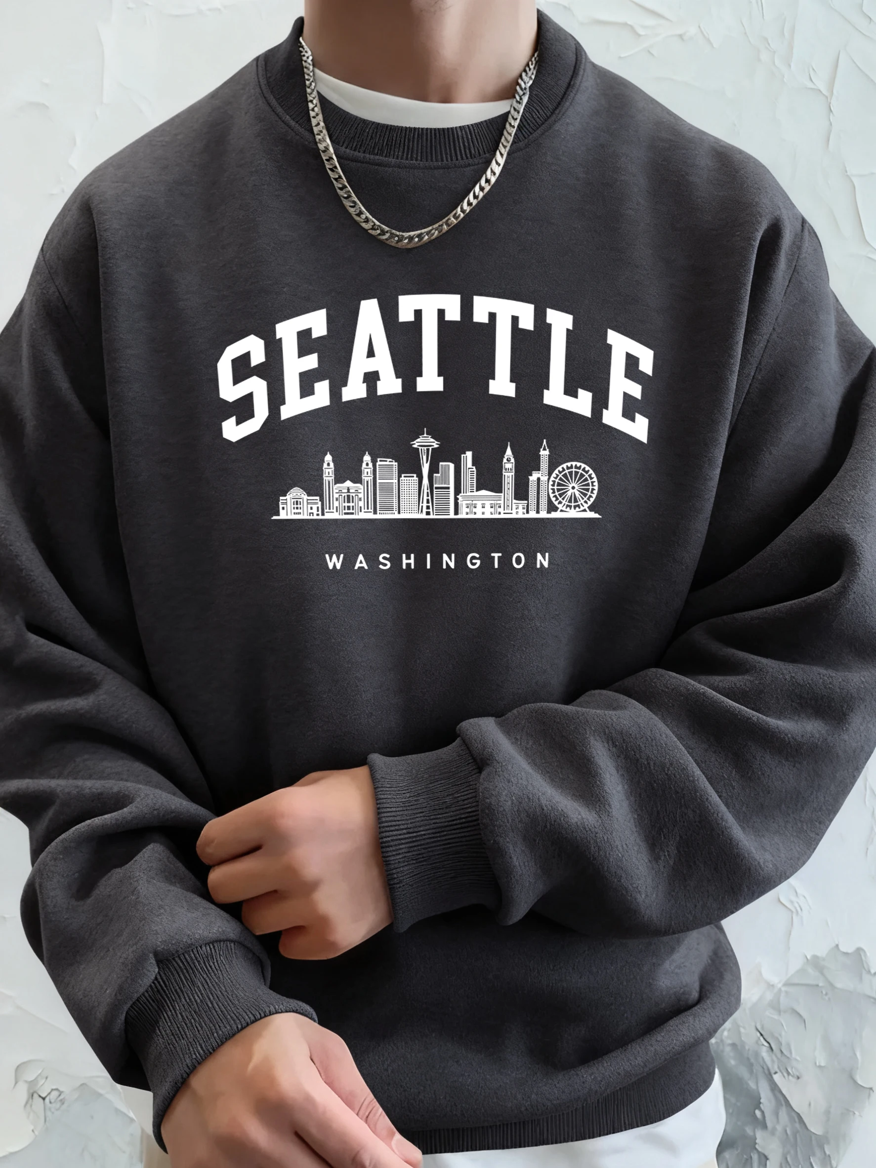 Seattle Washington Letter Creative Printed Fashion Sportswear Man Pocket Warm Top Fleece All-Match Clothes Comfy Soft Sweatshirt