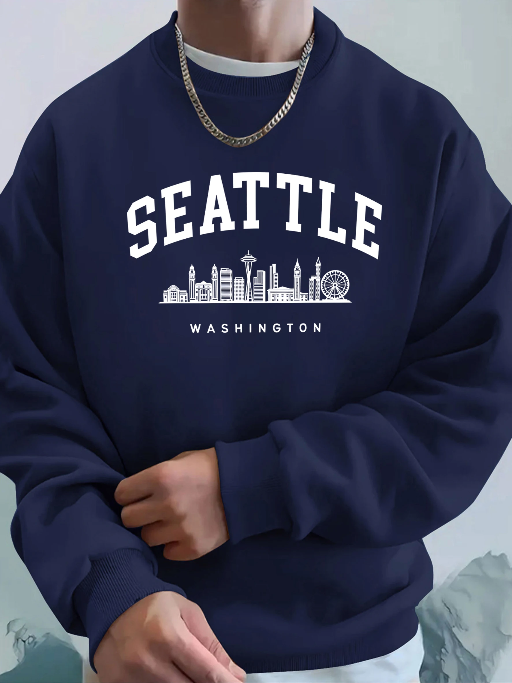 Seattle Washington Letter Creative Printed Fashion Sportswear Man Pocket Warm Top Fleece All-Match Clothes Comfy Soft Sweatshirt