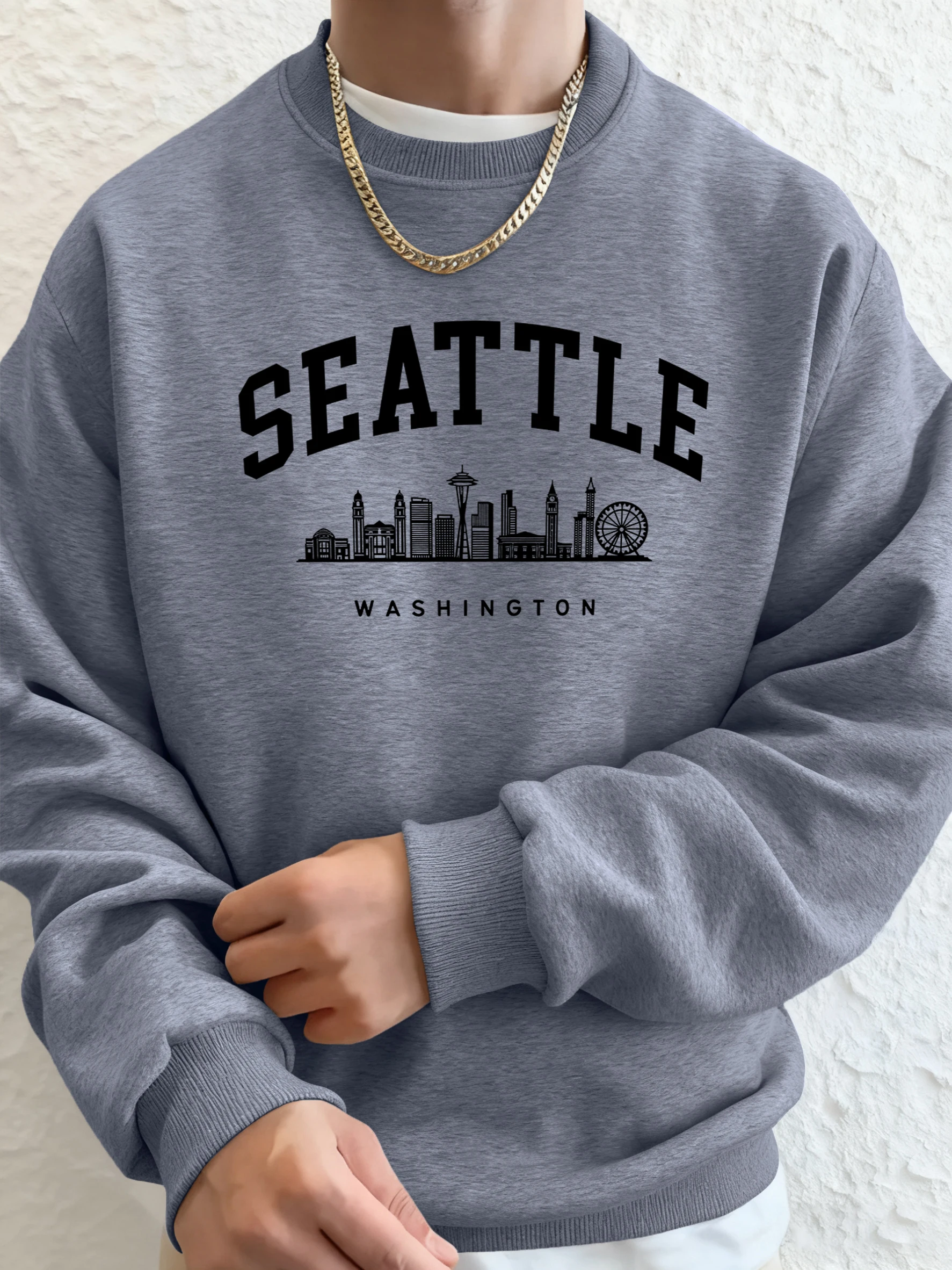 Seattle Washington Letter Creative Printed Fashion Sportswear Man Pocket Warm Top Fleece All-Match Clothes Comfy Soft Sweatshirt