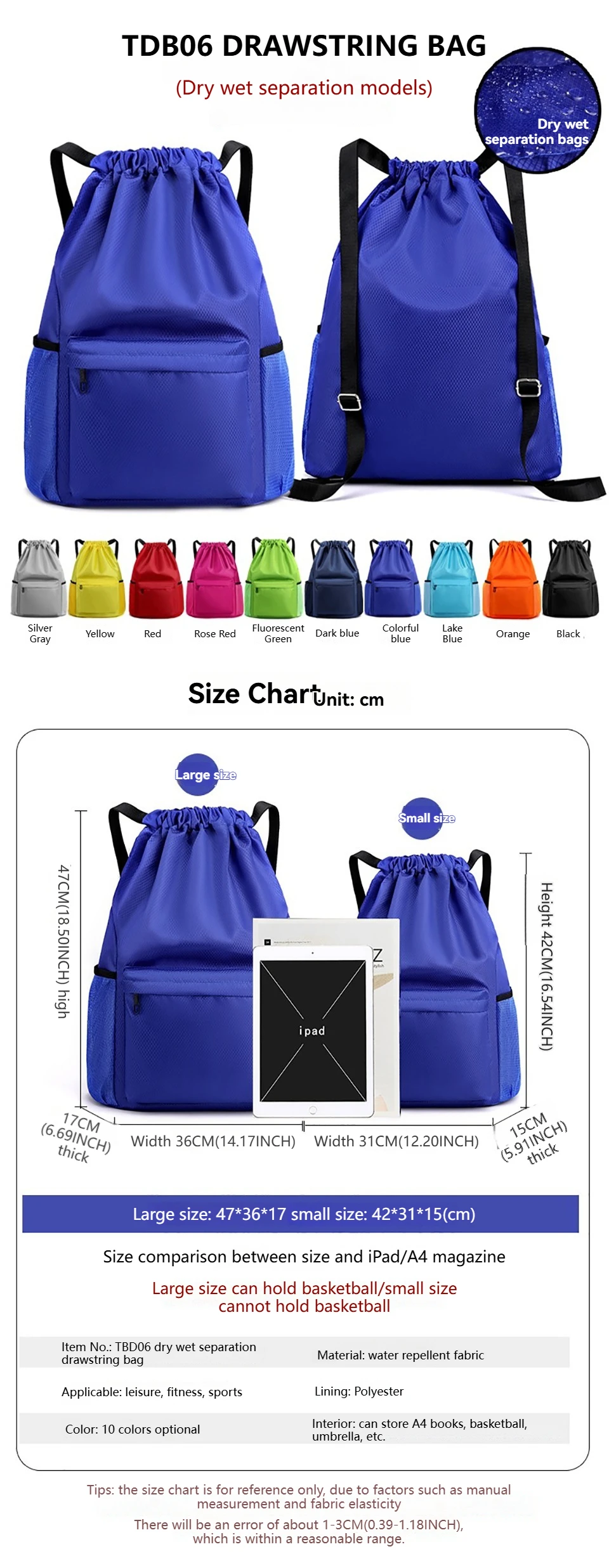 Loogdeel Portable Gym Football Drawstring Bag Quick Drying Large Capacity Oxford Cloth Backpack Solid Color Adjustable Straps