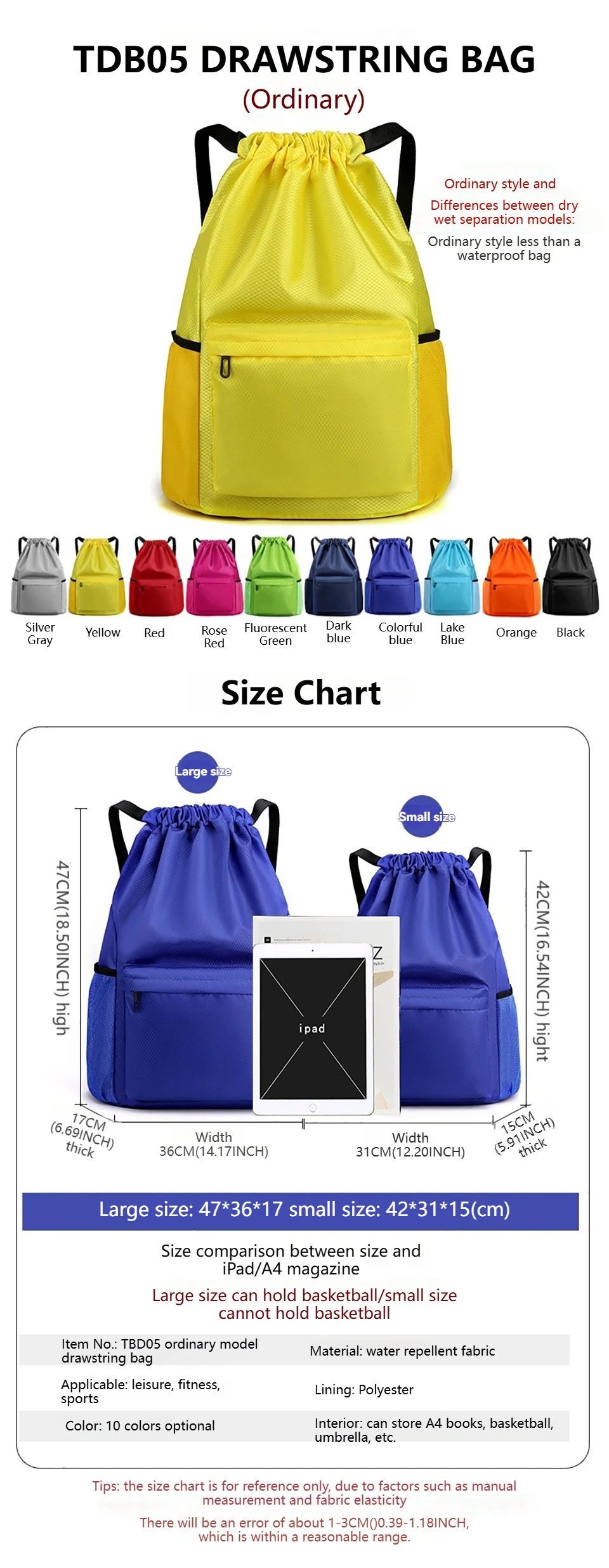 Loogdeel Portable Gym Football Drawstring Bag Quick Drying Large Capacity Oxford Cloth Backpack Solid Color Adjustable Straps