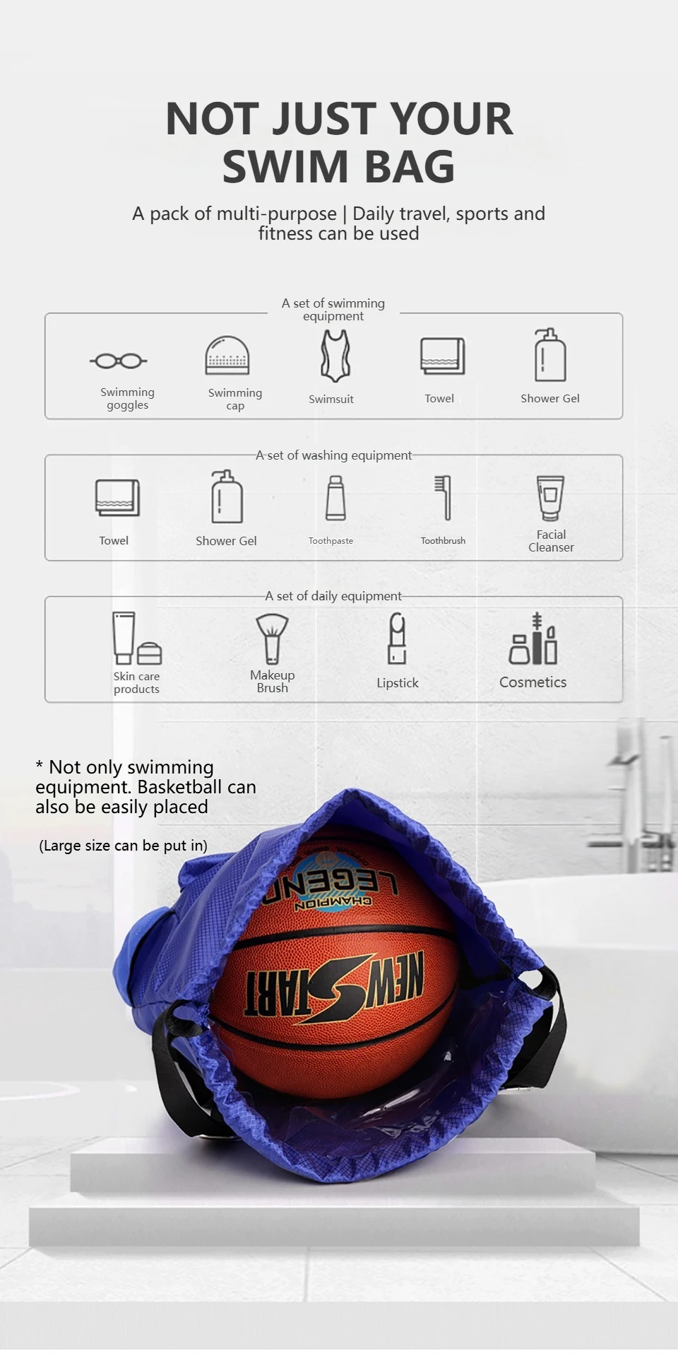 Loogdeel Portable Gym Football Drawstring Bag Quick Drying Large Capacity Oxford Cloth Backpack Solid Color Adjustable Straps