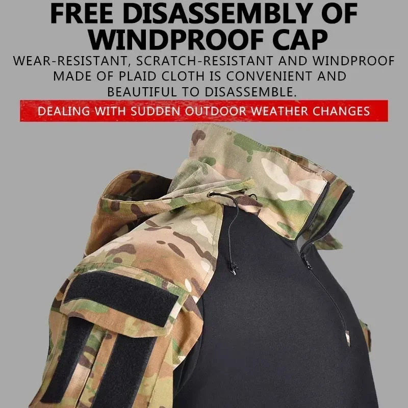 Tactical Shirts Camo Combat T-Shirt Hooded Men Shirt Wear Resistance Airsoft Paintball Camping Hunting Clothes Quick Dry Tops