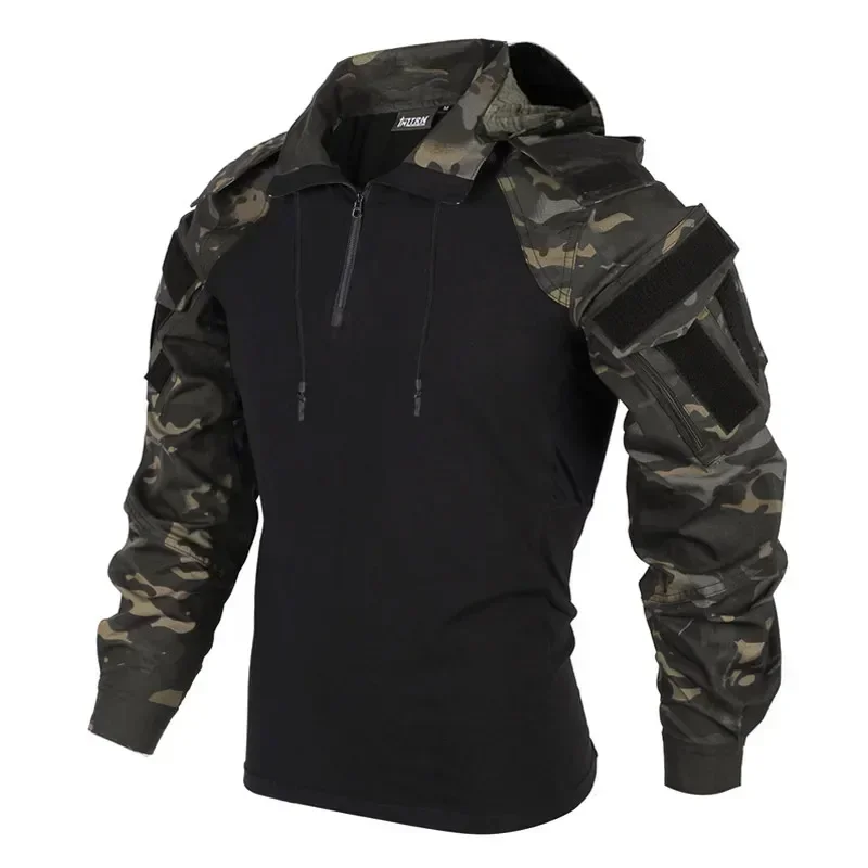 Tactical Shirts Camo Combat T-Shirt Hooded Men Shirt Wear Resistance Airsoft Paintball Camping Hunting Clothes Quick Dry Tops
