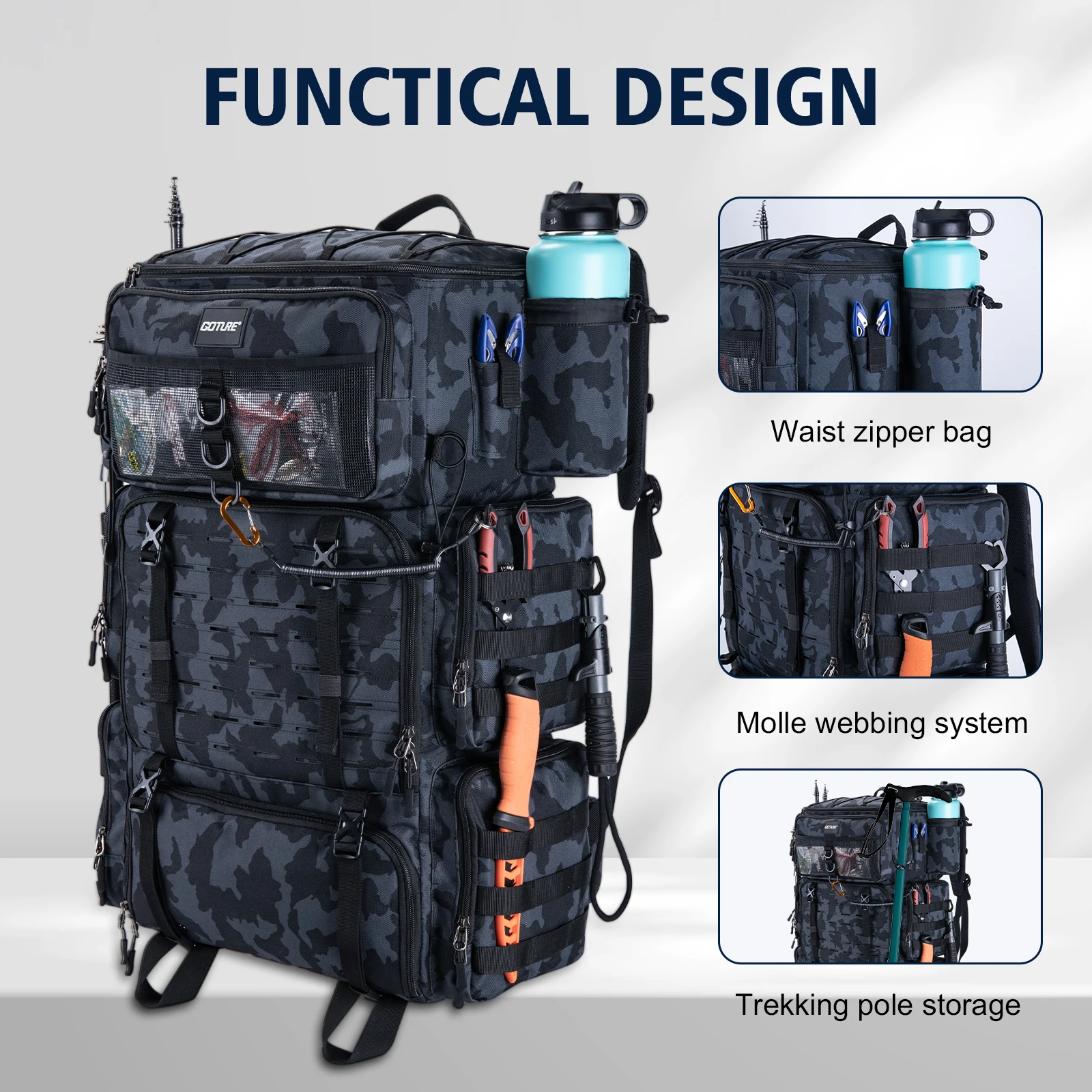 Fishing Tackle Bag 72L Large Capacity 65x44x25cm Insulated Cooler Compartment Bags with Waterproof Rain Cover Backpack