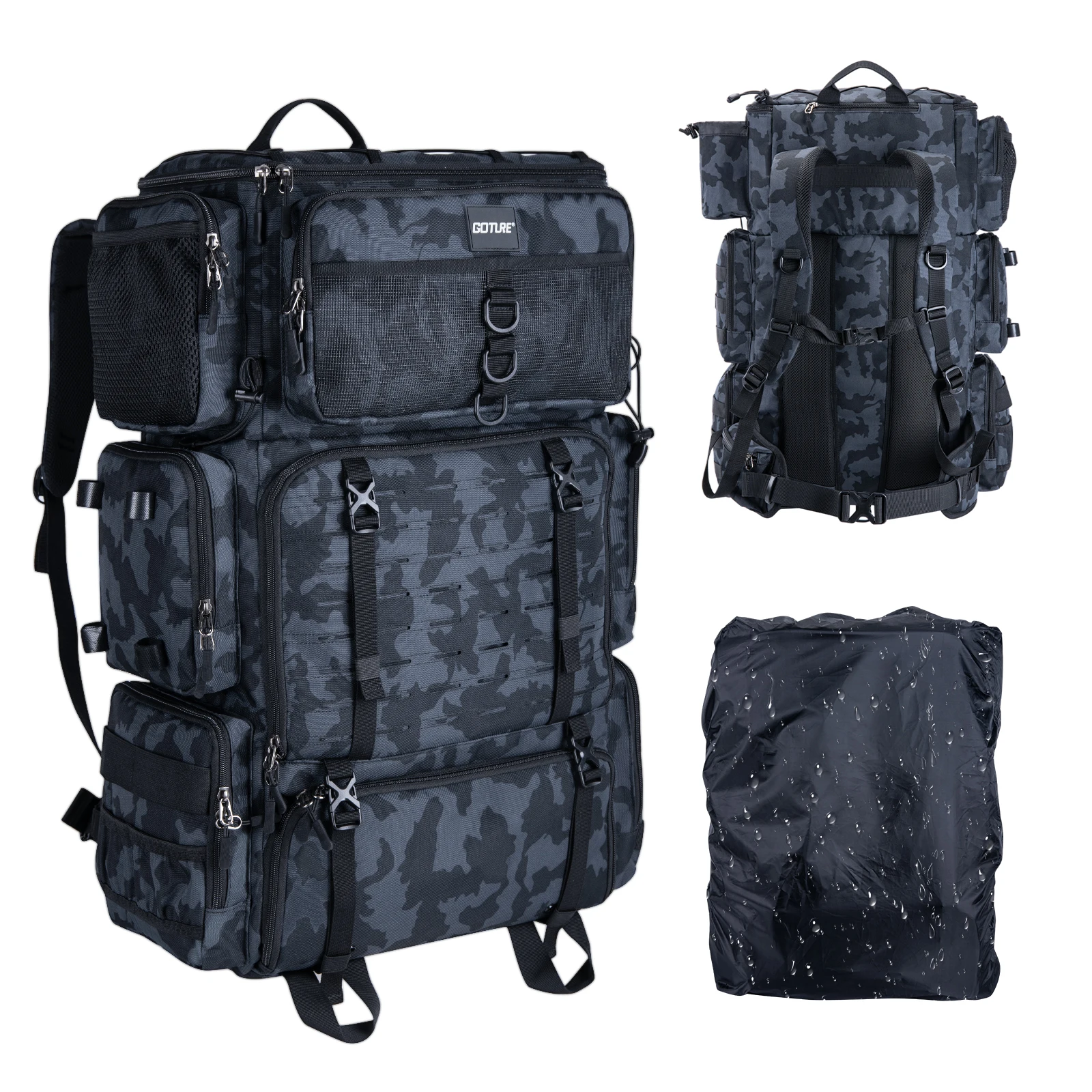 Fishing Tackle Bag 72L Large Capacity 65x44x25cm Insulated Cooler Compartment Bags with Waterproof Rain Cover Backpack