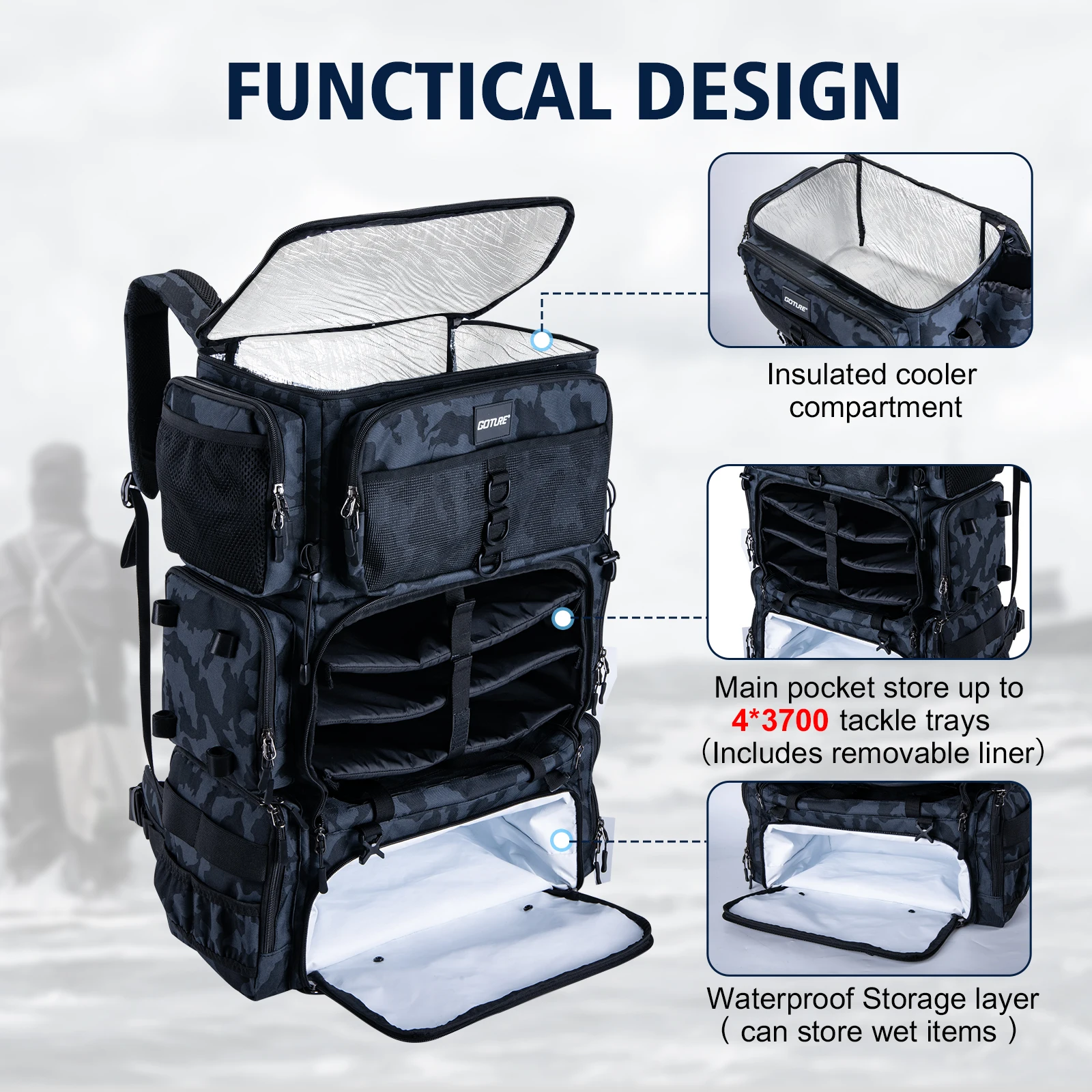 Fishing Tackle Bag 72L Large Capacity 65x44x25cm Insulated Cooler Compartment Bags with Waterproof Rain Cover Backpack
