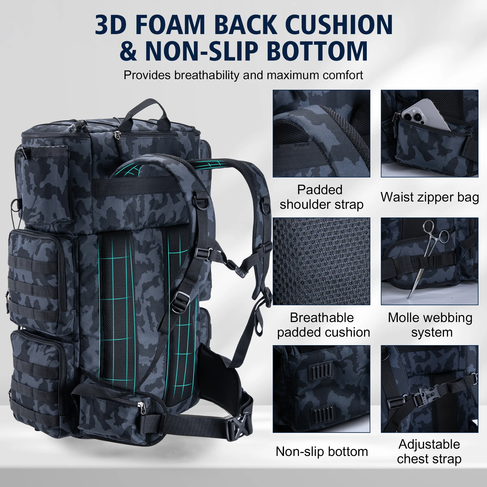 Fishing Tackle Bag 72L Large Capacity 65x44x25cm Insulated Cooler Compartment Bags with Waterproof Rain Cover Backpack
