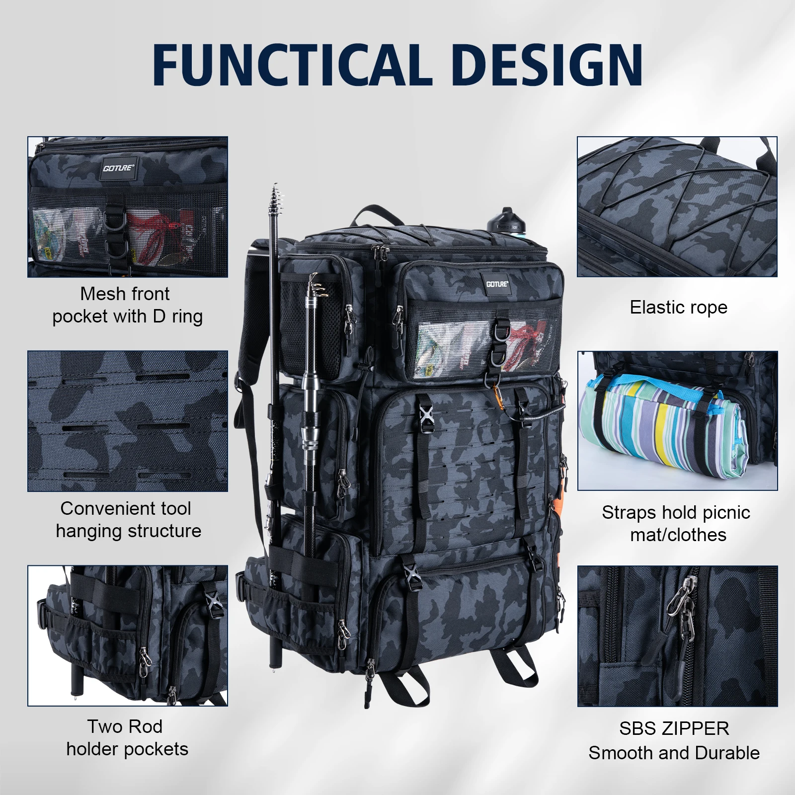Fishing Tackle Bag 72L Large Capacity 65x44x25cm Insulated Cooler Compartment Bags with Waterproof Rain Cover Backpack
