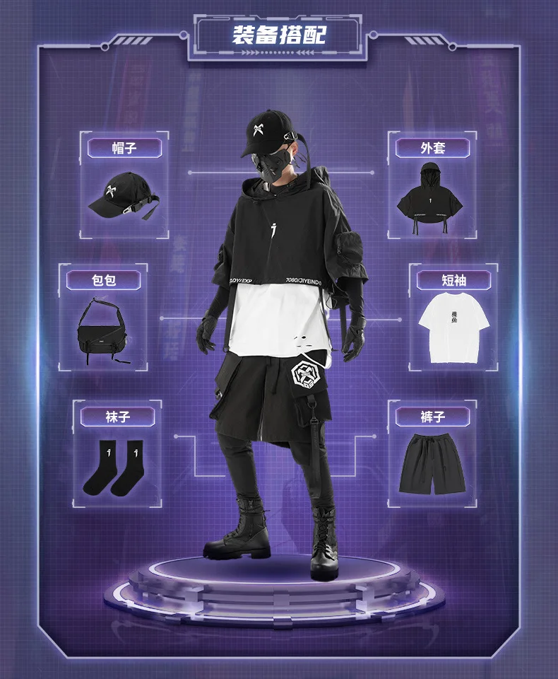 2024 Hip Hop Punk Techwear Short Jacket Hooded Cloak Men Women Multi Pockets Functional Pullover Jacket Street Casual Coat