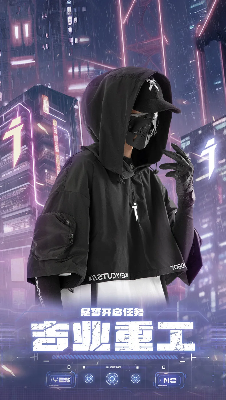 2024 Hip Hop Punk Techwear Short Jacket Hooded Cloak Men Women Multi Pockets Functional Pullover Jacket Street Casual Coat