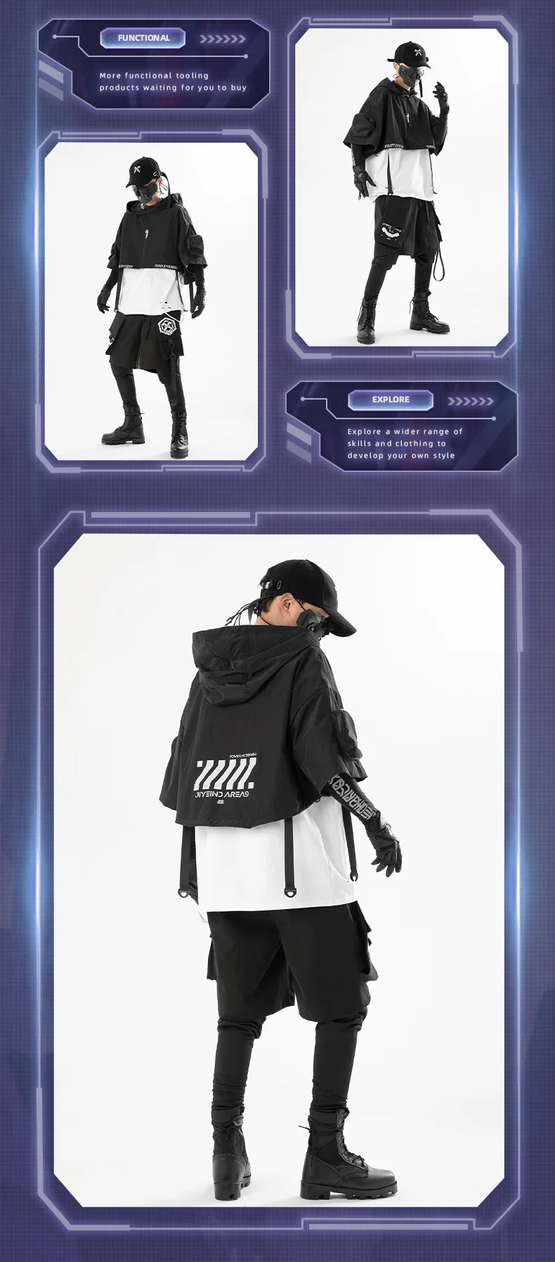 2024 Hip Hop Punk Techwear Short Jacket Hooded Cloak Men Women Multi Pockets Functional Pullover Jacket Street Casual Coat