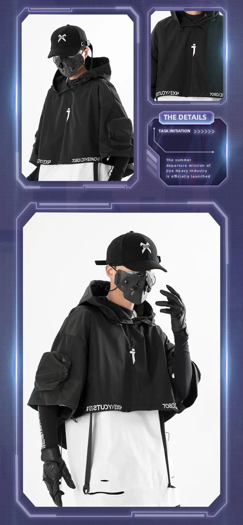 2024 Hip Hop Punk Techwear Short Jacket Hooded Cloak Men Women Multi Pockets Functional Pullover Jacket Street Casual Coat
