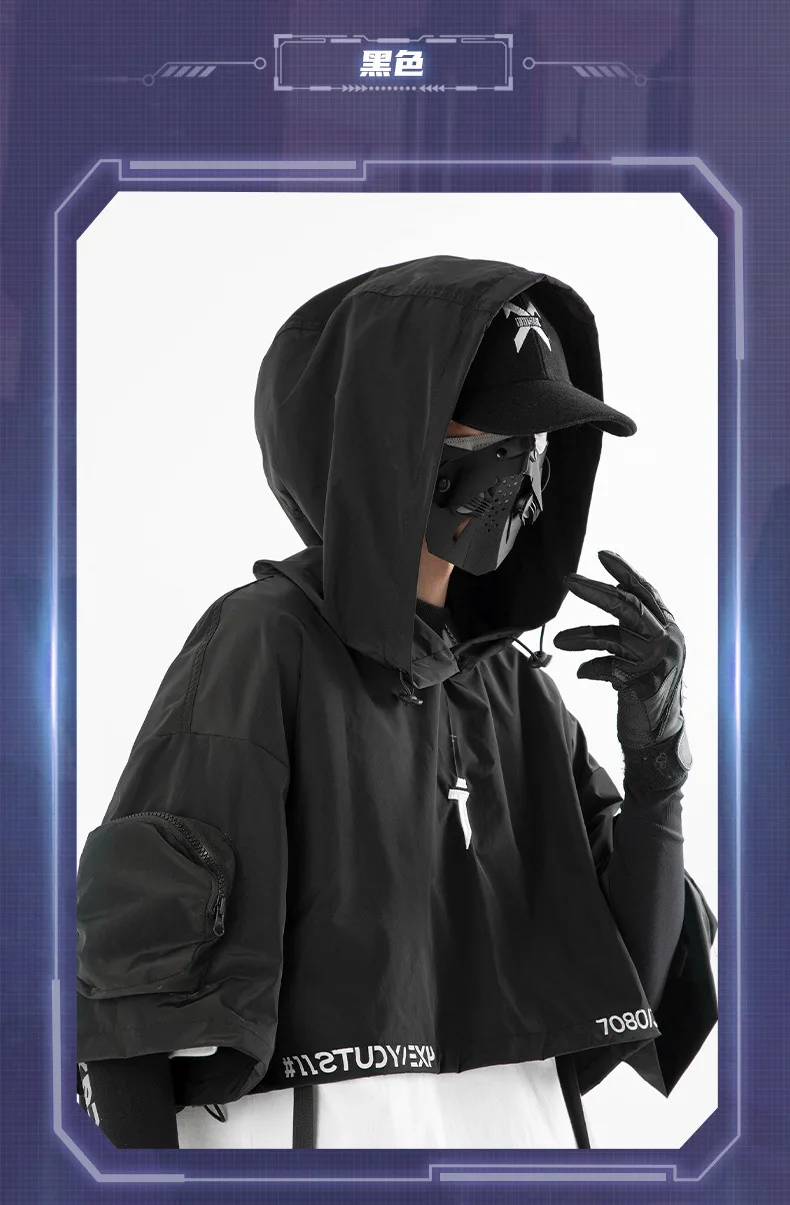 2024 Hip Hop Punk Techwear Short Jacket Hooded Cloak Men Women Multi Pockets Functional Pullover Jacket Street Casual Coat