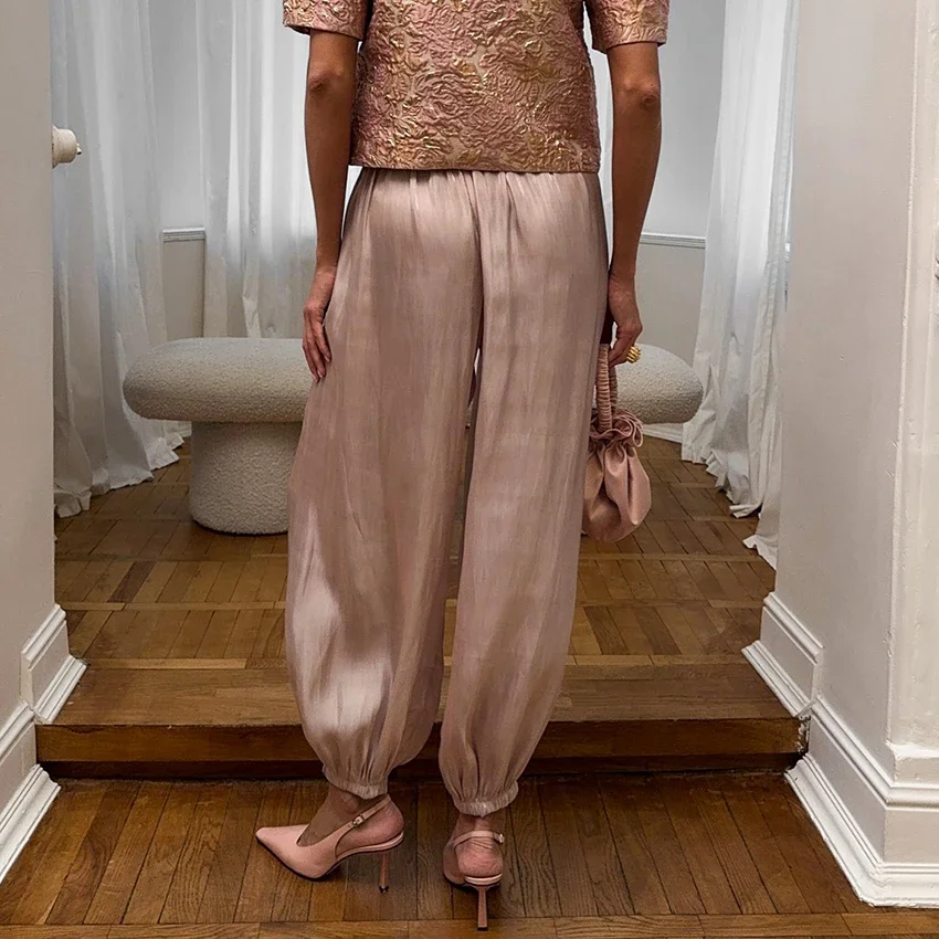 Elegant Pink Crepe Loose Bloomers For Woman Street Chic Pleated Trousers Female Autumn Vintage High Waist Balloon Pants