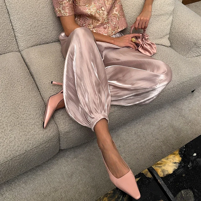 Elegant Pink Crepe Loose Bloomers For Woman Street Chic Pleated Trousers Female Autumn Vintage High Waist Balloon Pants
