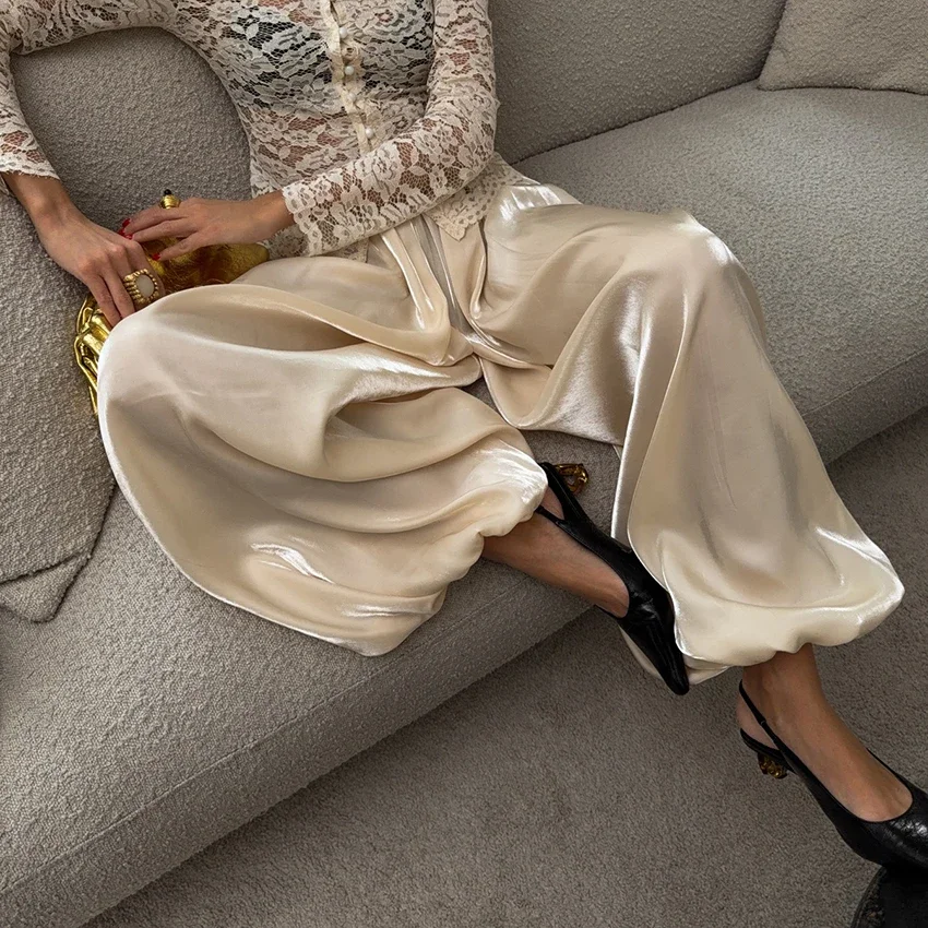 Elegant Pink Crepe Loose Bloomers For Woman Street Chic Pleated Trousers Female Autumn Vintage High Waist Balloon Pants