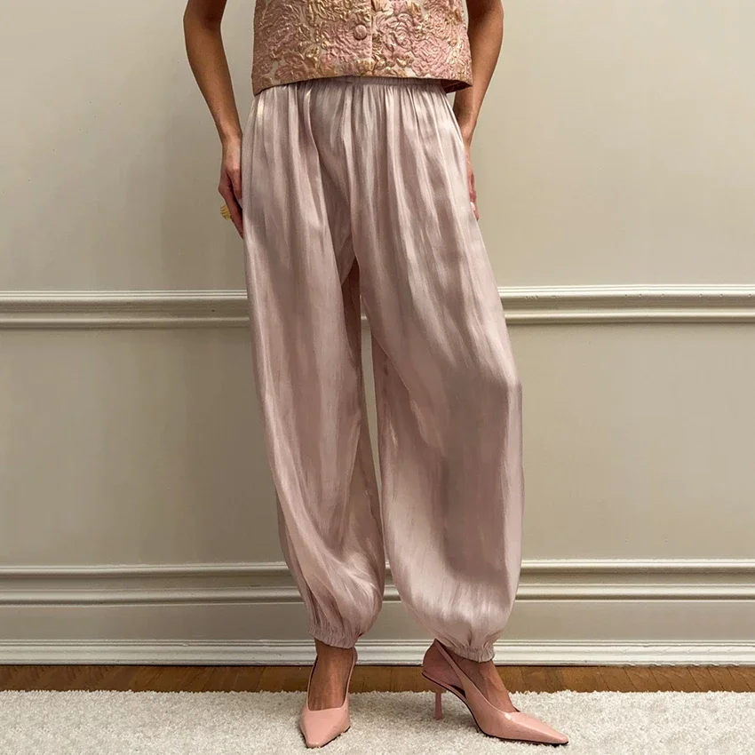 Elegant Pink Crepe Loose Bloomers For Woman Street Chic Pleated Trousers Female Autumn Vintage High Waist Balloon Pants