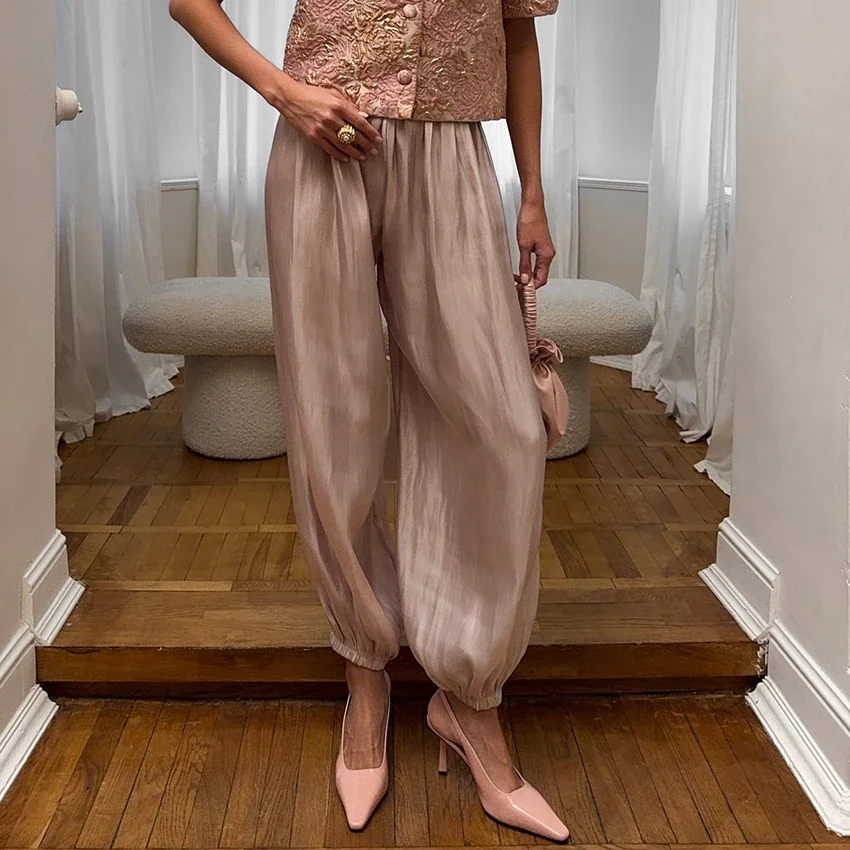 Elegant Pink Crepe Loose Bloomers For Woman Street Chic Pleated Trousers Female Autumn Vintage High Waist Balloon Pants