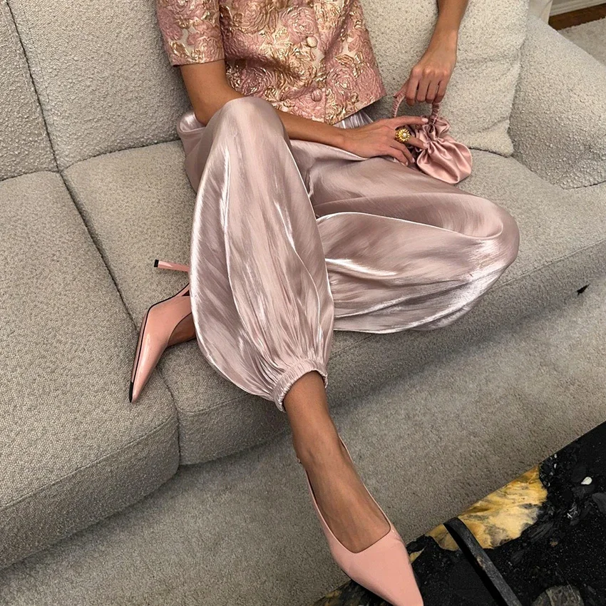 Elegant Pink Crepe Loose Bloomers For Woman Street Chic Pleated Trousers Female Autumn Vintage High Waist Balloon Pants