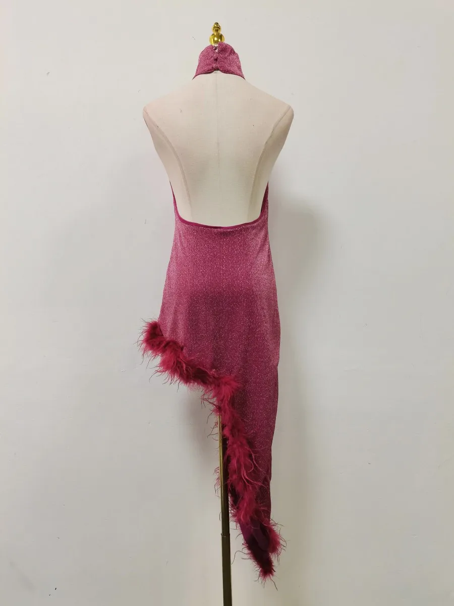 TWOTWINSTYLE Solid Slim Backless Dresses For Women Round Neck Sleeveless High Waist Spliced Feather Irregular Dress Female New