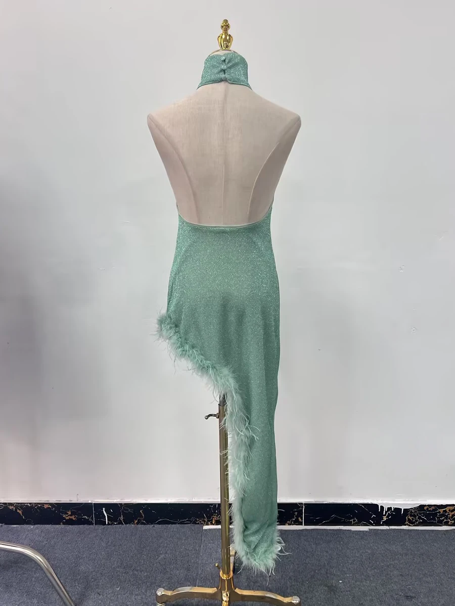TWOTWINSTYLE Solid Slim Backless Dresses For Women Round Neck Sleeveless High Waist Spliced Feather Irregular Dress Female New