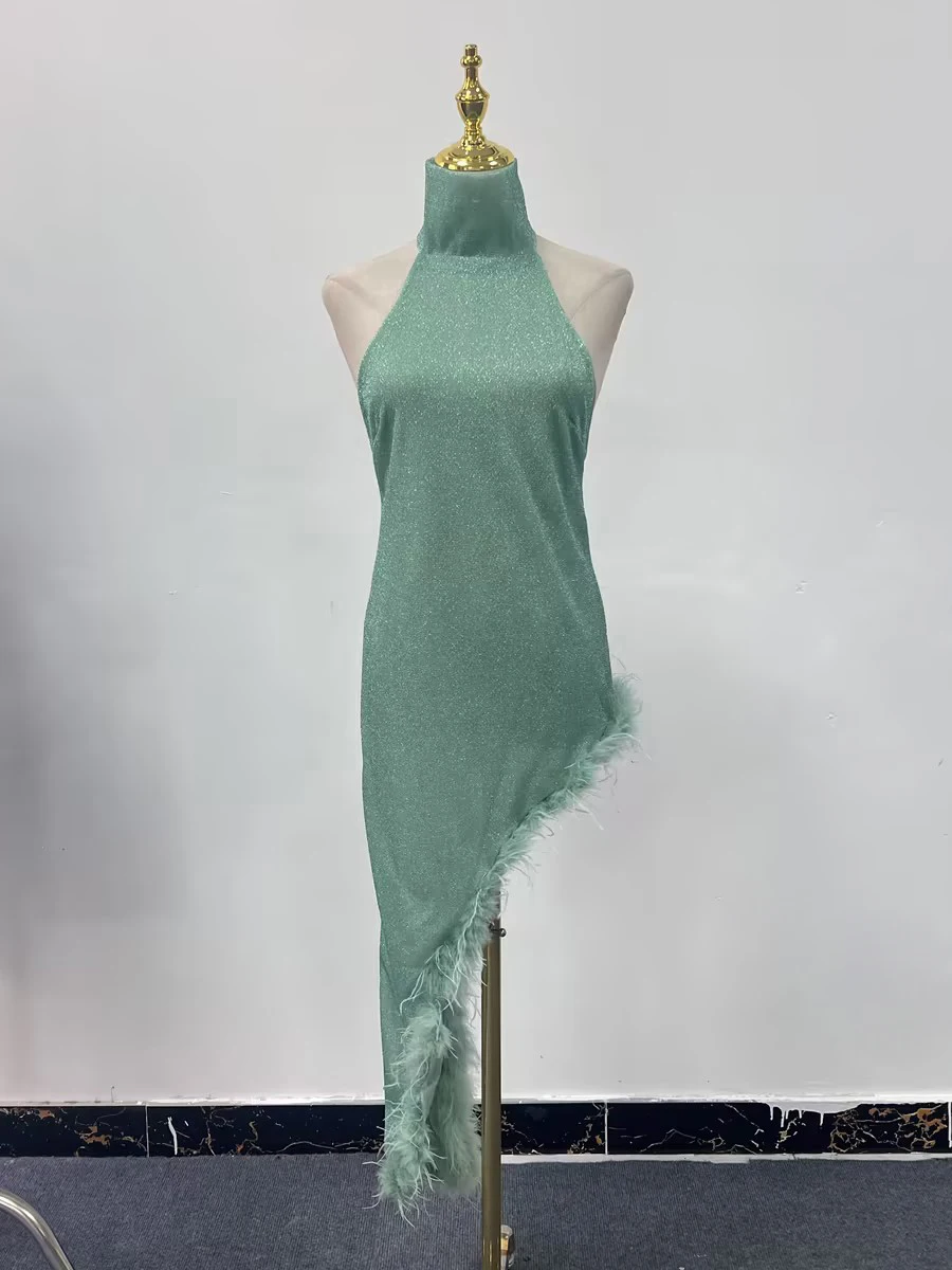 TWOTWINSTYLE Solid Slim Backless Dresses For Women Round Neck Sleeveless High Waist Spliced Feather Irregular Dress Female New