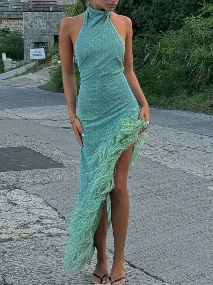 TWOTWINSTYLE Solid Slim Backless Dresses For Women Round Neck Sleeveless High Waist Spliced Feather Irregular Dress Female New