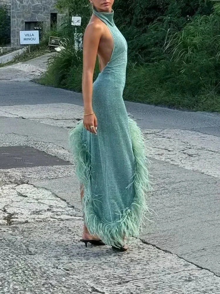 TWOTWINSTYLE Solid Slim Backless Dresses For Women Round Neck Sleeveless High Waist Spliced Feather Irregular Dress Female New
