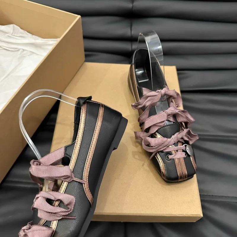 Niche Sweet Lolita Square Toe Purple Flat Ballet Trainers Women's New Straps Bow Color Matching Mary Jane Shoes Sneakers Female