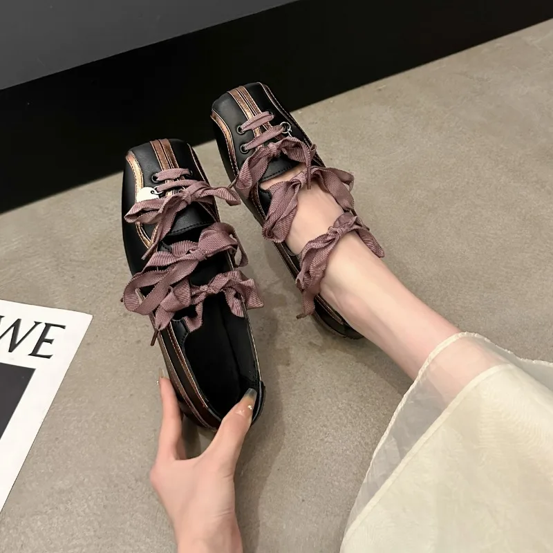 Niche Sweet Lolita Square Toe Purple Flat Ballet Trainers Women's New Straps Bow Color Matching Mary Jane Shoes Sneakers Female