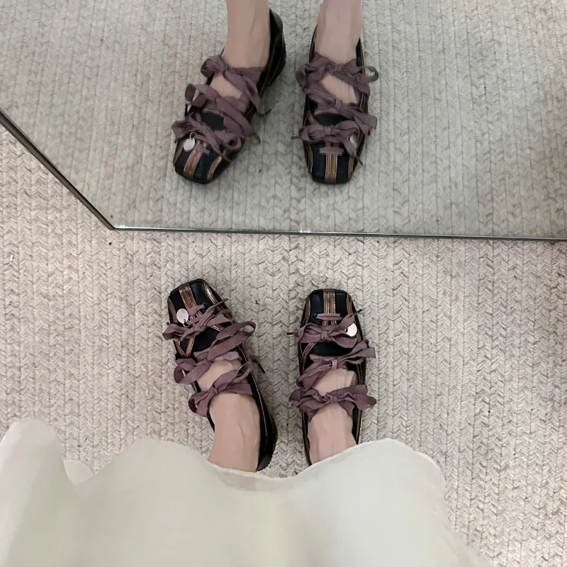 Niche Sweet Lolita Square Toe Purple Flat Ballet Trainers Women's New Straps Bow Color Matching Mary Jane Shoes Sneakers Female