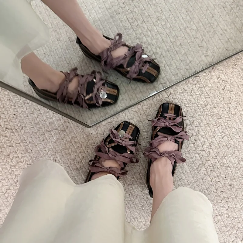 Niche Sweet Lolita Square Toe Purple Flat Ballet Trainers Women's New Straps Bow Color Matching Mary Jane Shoes Sneakers Female