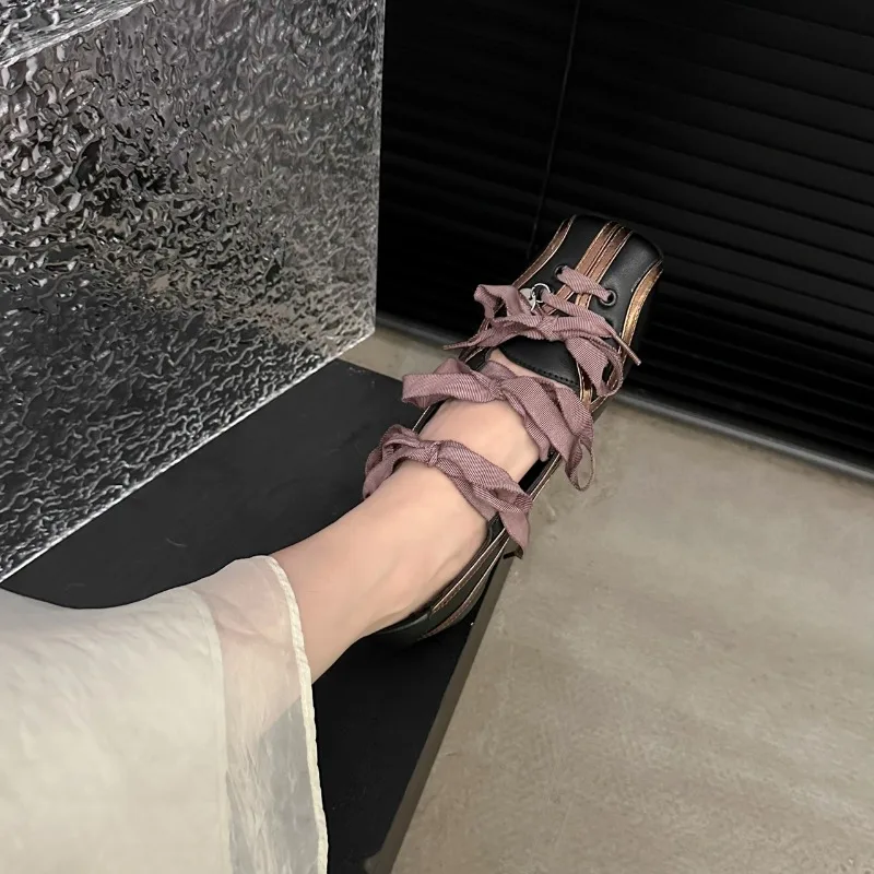 Niche Sweet Lolita Square Toe Purple Flat Ballet Trainers Women's New Straps Bow Color Matching Mary Jane Shoes Sneakers Female
