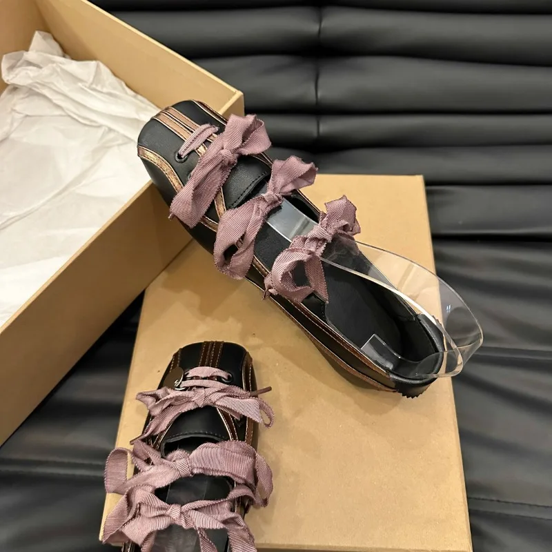 Niche Sweet Lolita Square Toe Purple Flat Ballet Trainers Women's New Straps Bow Color Matching Mary Jane Shoes Sneakers Female