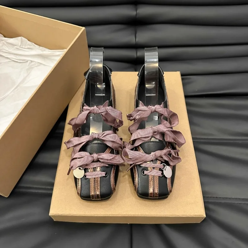 Niche Sweet Lolita Square Toe Purple Flat Ballet Trainers Women's New Straps Bow Color Matching Mary Jane Shoes Sneakers Female