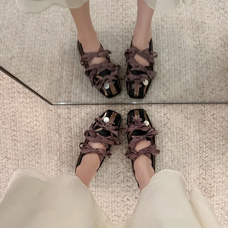 Niche Sweet Lolita Square Toe Purple Flat Ballet Trainers Women's New Straps Bow Color Matching Mary Jane Shoes Sneakers Female