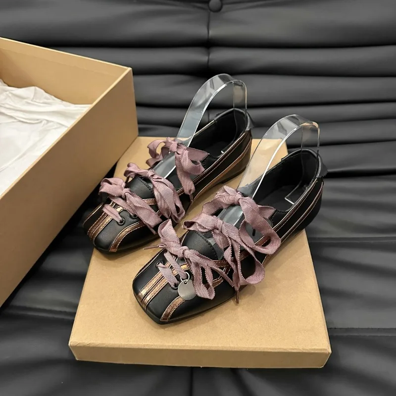 Niche Sweet Lolita Square Toe Purple Flat Ballet Trainers Women's New Straps Bow Color Matching Mary Jane Shoes Sneakers Female