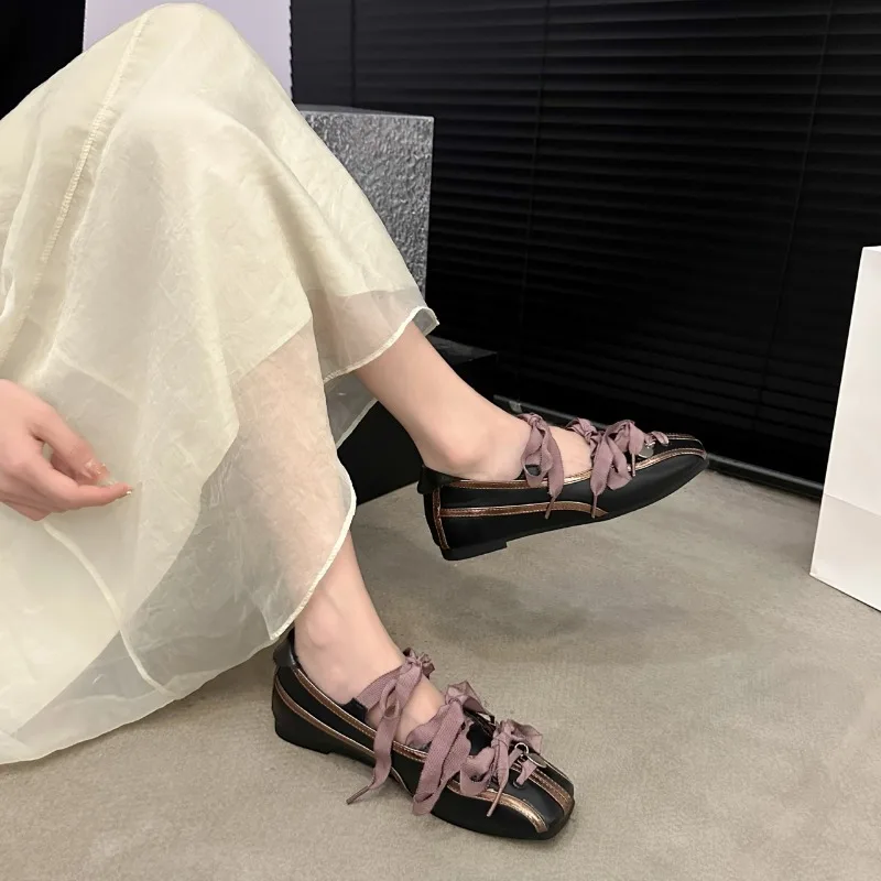 Niche Sweet Lolita Square Toe Purple Flat Ballet Trainers Women's New Straps Bow Color Matching Mary Jane Shoes Sneakers Female