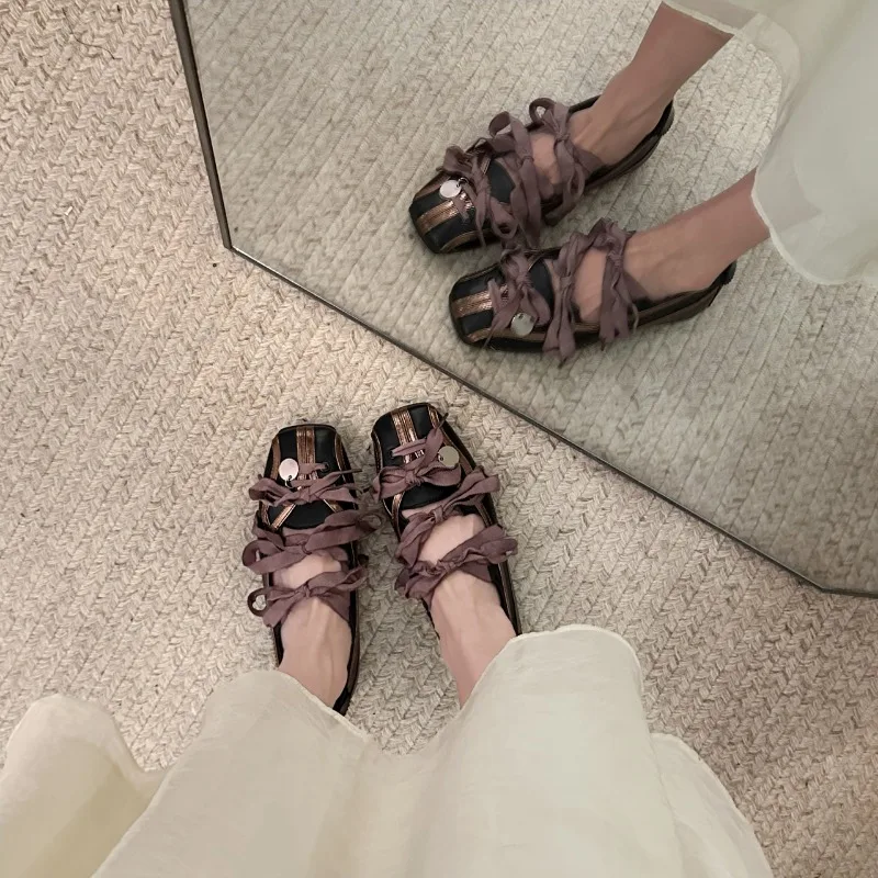 Niche Sweet Lolita Square Toe Purple Flat Ballet Trainers Women's New Straps Bow Color Matching Mary Jane Shoes Sneakers Female
