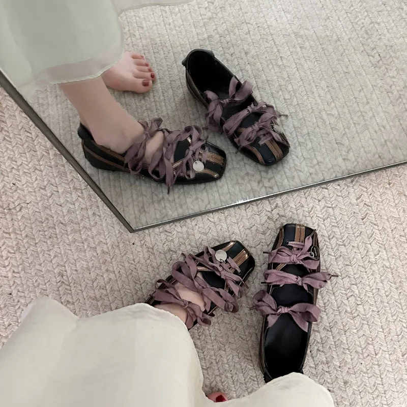 Niche Sweet Lolita Square Toe Purple Flat Ballet Trainers Women's New Straps Bow Color Matching Mary Jane Shoes Sneakers Female