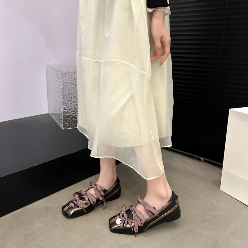 Niche Sweet Lolita Square Toe Purple Flat Ballet Trainers Women's New Straps Bow Color Matching Mary Jane Shoes Sneakers Female