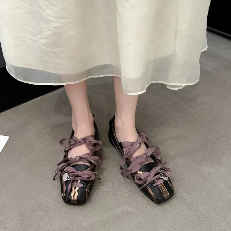 Niche Sweet Lolita Square Toe Purple Flat Ballet Trainers Women's New Straps Bow Color Matching Mary Jane Shoes Sneakers Female