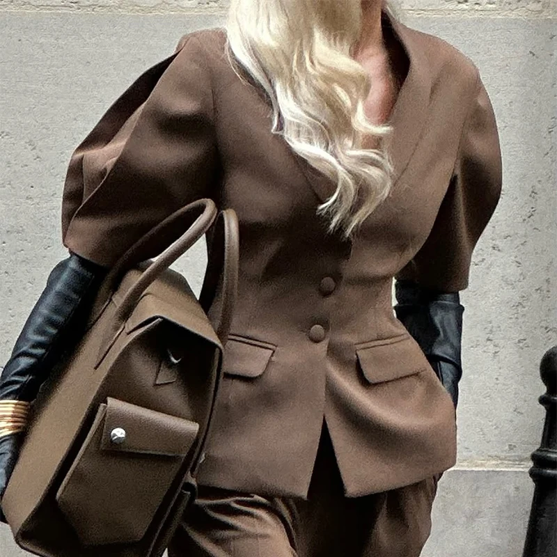 Casual Blazer Pants Suits Women Slim Half Sleeves V Neck Single Breasted Set Female 2025 Spring New Wide Legs Sets 2 Pieces