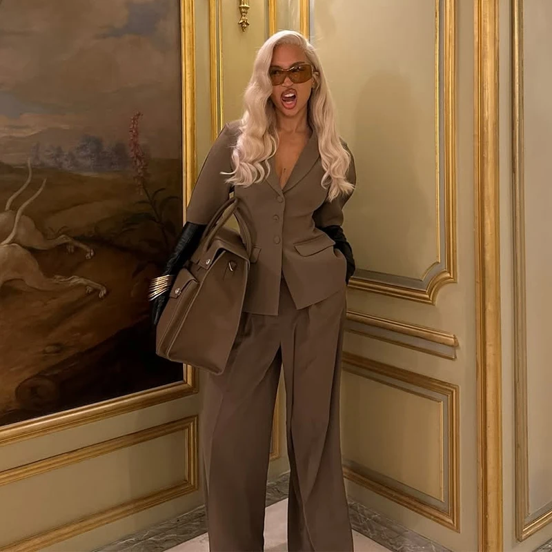 Casual Blazer Pants Suits Women Slim Half Sleeves V Neck Single Breasted Set Female 2025 Spring New Wide Legs Sets 2 Pieces