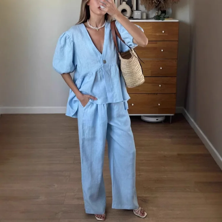 Mumaroho 2025 Women Spring Summer Holiday Pant Set Suits Cotton Solid Outfits V-neck 2 Two Piece Matching Set For Women