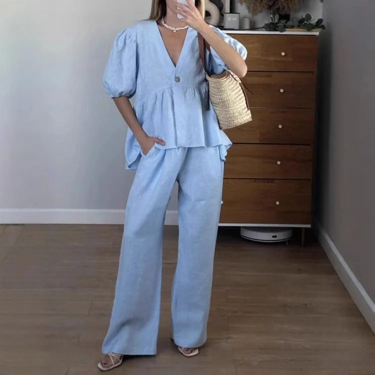Mumaroho 2025 Women Spring Summer Holiday Pant Set Suits Cotton Solid Outfits V-neck 2 Two Piece Matching Set For Women