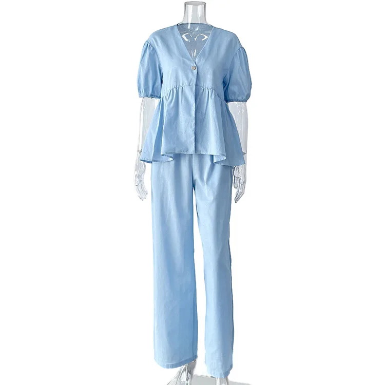 Mumaroho 2025 Women Spring Summer Holiday Pant Set Suits Cotton Solid Outfits V-neck 2 Two Piece Matching Set For Women